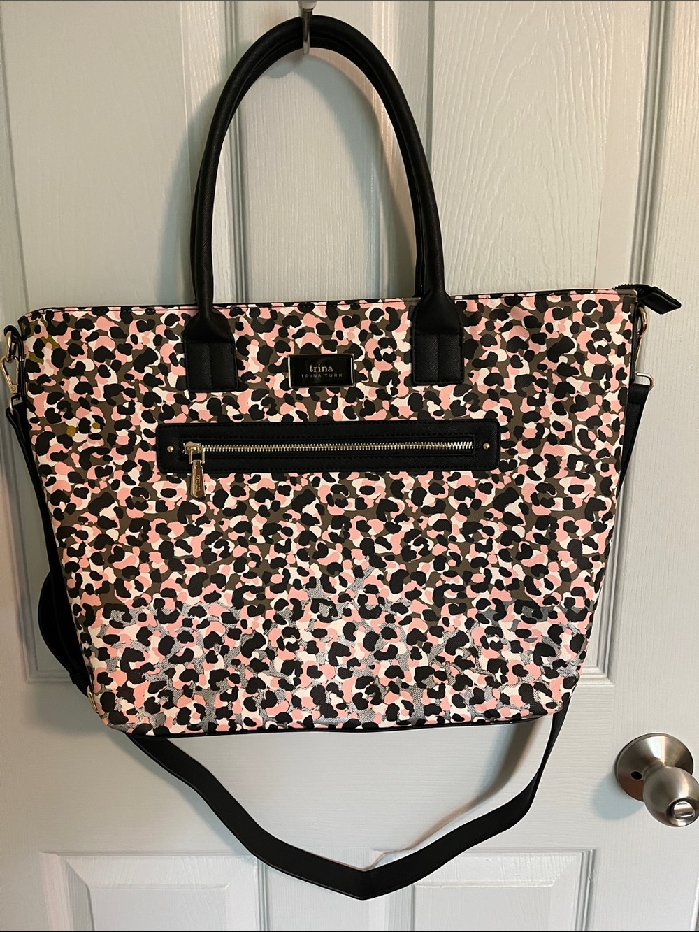 Trina Turk Pink and Black Leopard-Print Tote with Gold Accents
